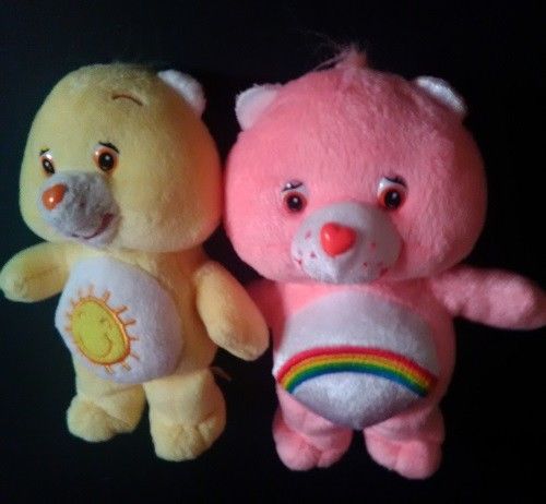 Two Stuffed Carebears 4 Inches Funshine and 8 Inches Cheer Bear 019D