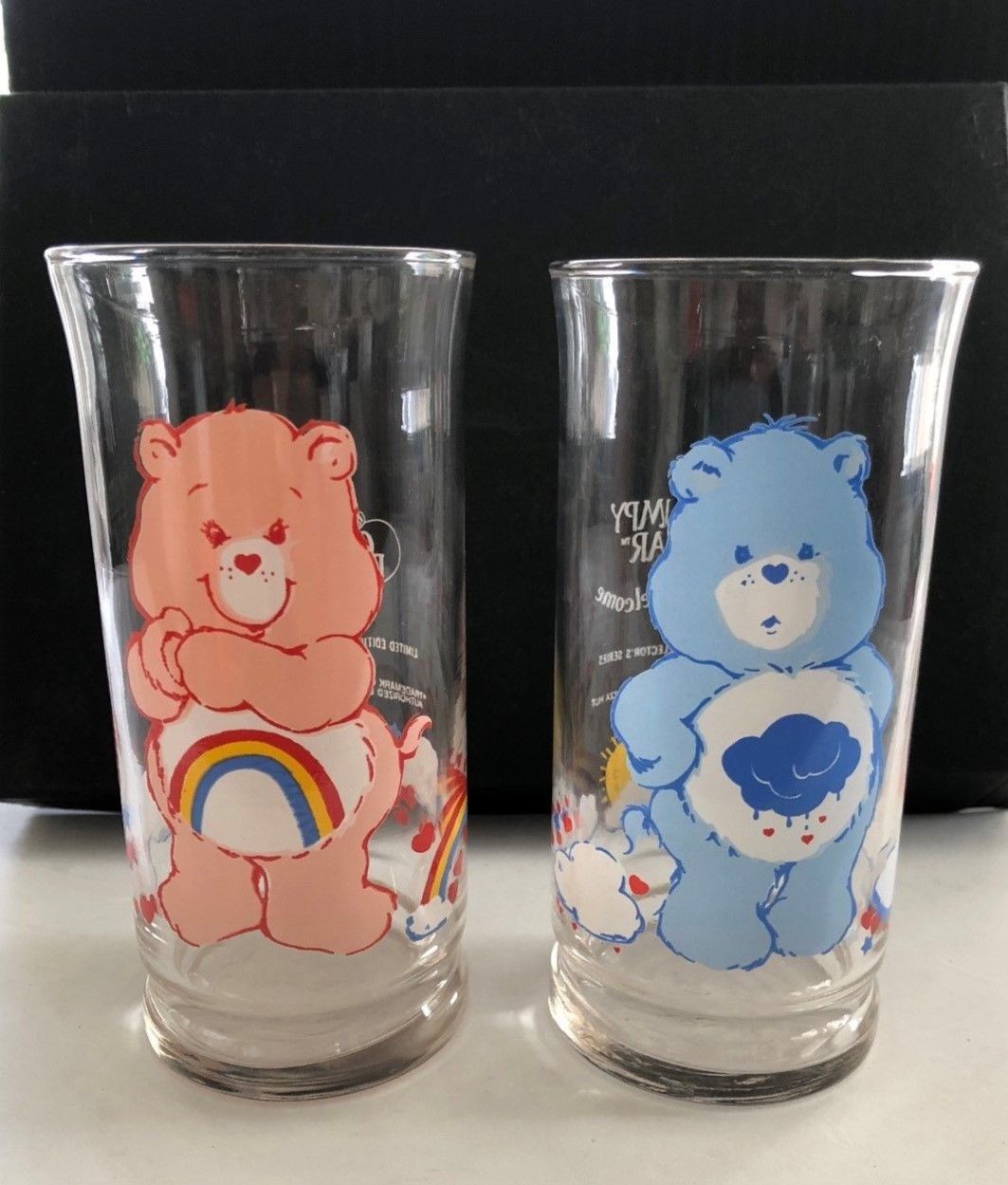 Care Bear Glasses Tumblers 1983 Libby Glass Co Pizza Hut Cheer & Grumpy-Set of 2