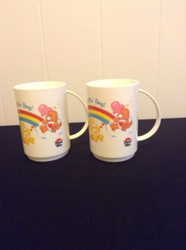 Set Of 2 Care Bears Rainbow 1985 Pizza Hut Coffee Mug Plastic Vintage Retro 