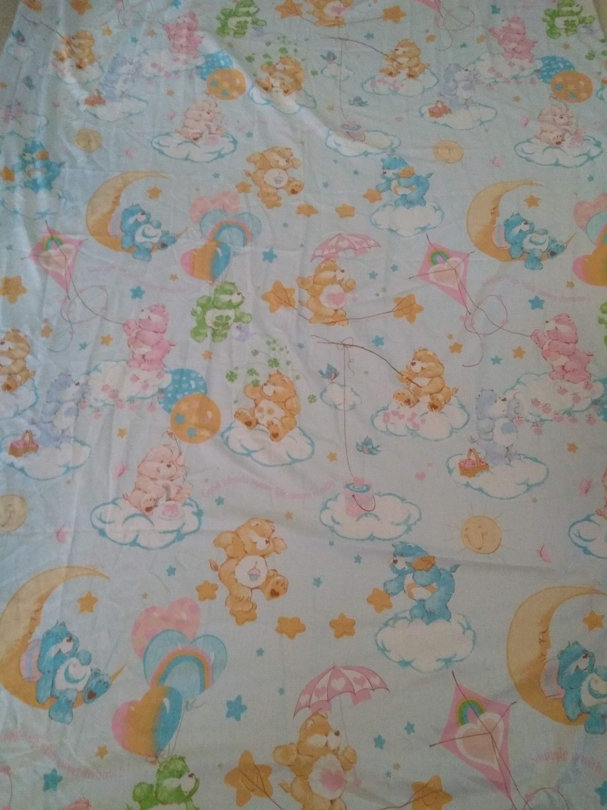 VINTAGE Care Bears 1982 American Greetings Twin Size Flat Bed Sheet  USA Blue