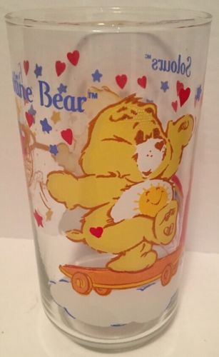 Vintage 1980's Care Bears Funshine Bear Drinking Glass Cup Mug RARE