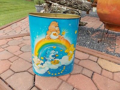 Care Bears Vintage 1980's Blue Tin Metal Trash Can Room Decor Waste Basket