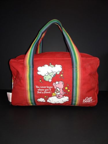 Vintage 1980's Care Bears Duffel Bag / Tote RED Rainbow luggage Weekender 