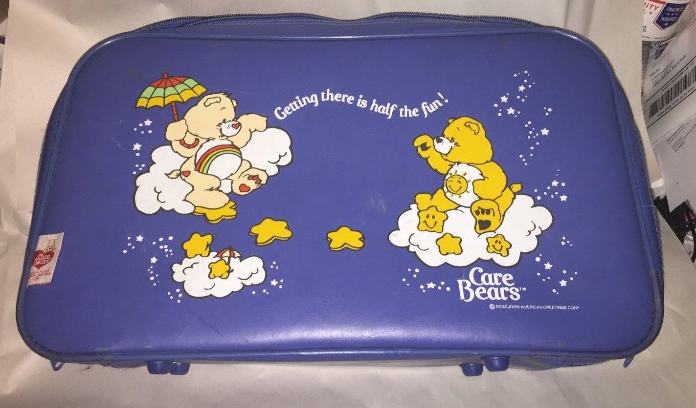 VTG American Greetings 1983 Blue Vinyl Care Bears kids Suitcase Overnight Bag 