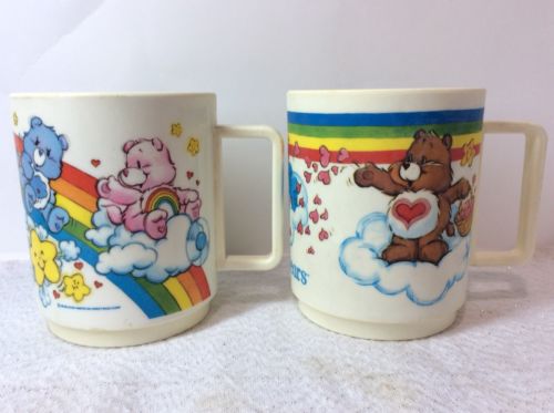 2 CARE BEARS Mugs Deka Plastic 1983 American Greetings Corp Rainbow Clouds 3.5