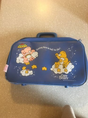 Vintage 1983 Blue Vinyl Care Bears Childrens Suitcase Overnight Bag 