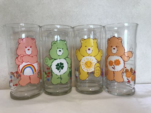 FOUR - 1983 Pizza Hut Collectible CARE BEARS Drinking Glasses Tumblers