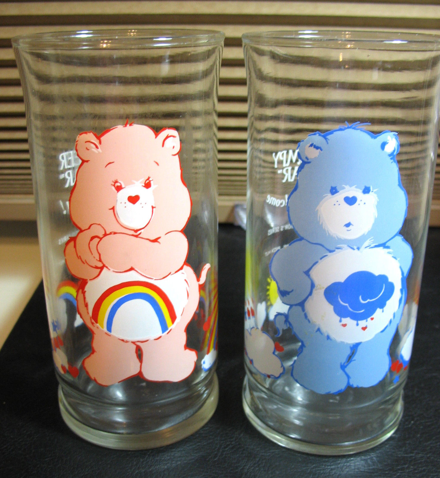 Set of 2 Care Bear Glasses Tumblers 1983 Libby Glass Co Pizza Hut Cheer & Grumpy