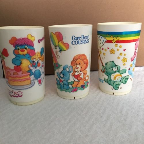 Lot 3 Vintage 1985 Care Bears Cousins Deka Plastic Cups Popples Tumblers