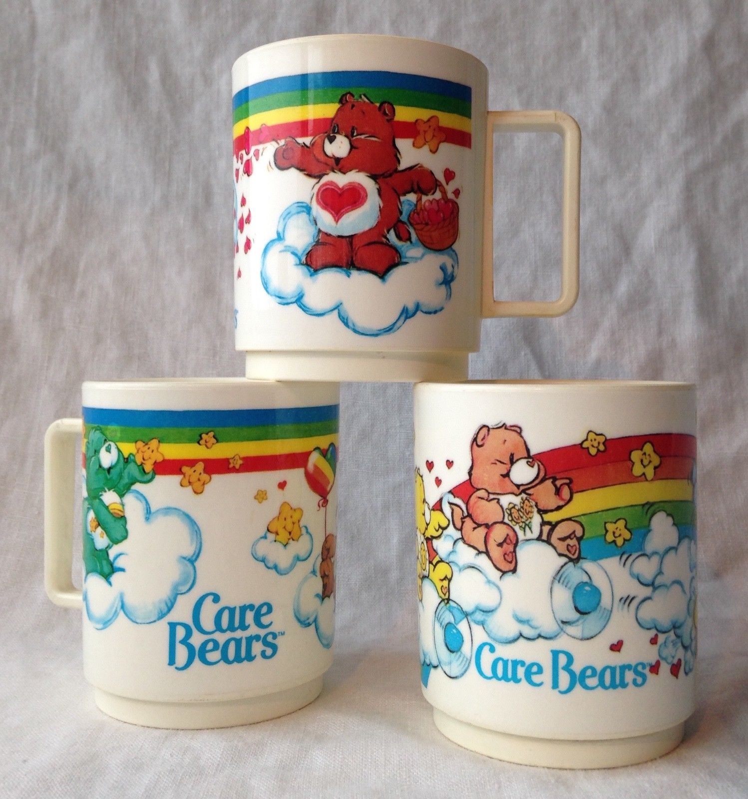 CARE BEARS 3  Mugs Deka Plastic 1983 American Greetings Corp Rainbow Clouds 3.5