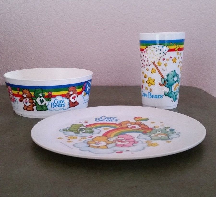 Vintage Care Bears Plate, Bowl, and Tumbler Set Deka Plastic Dishes 