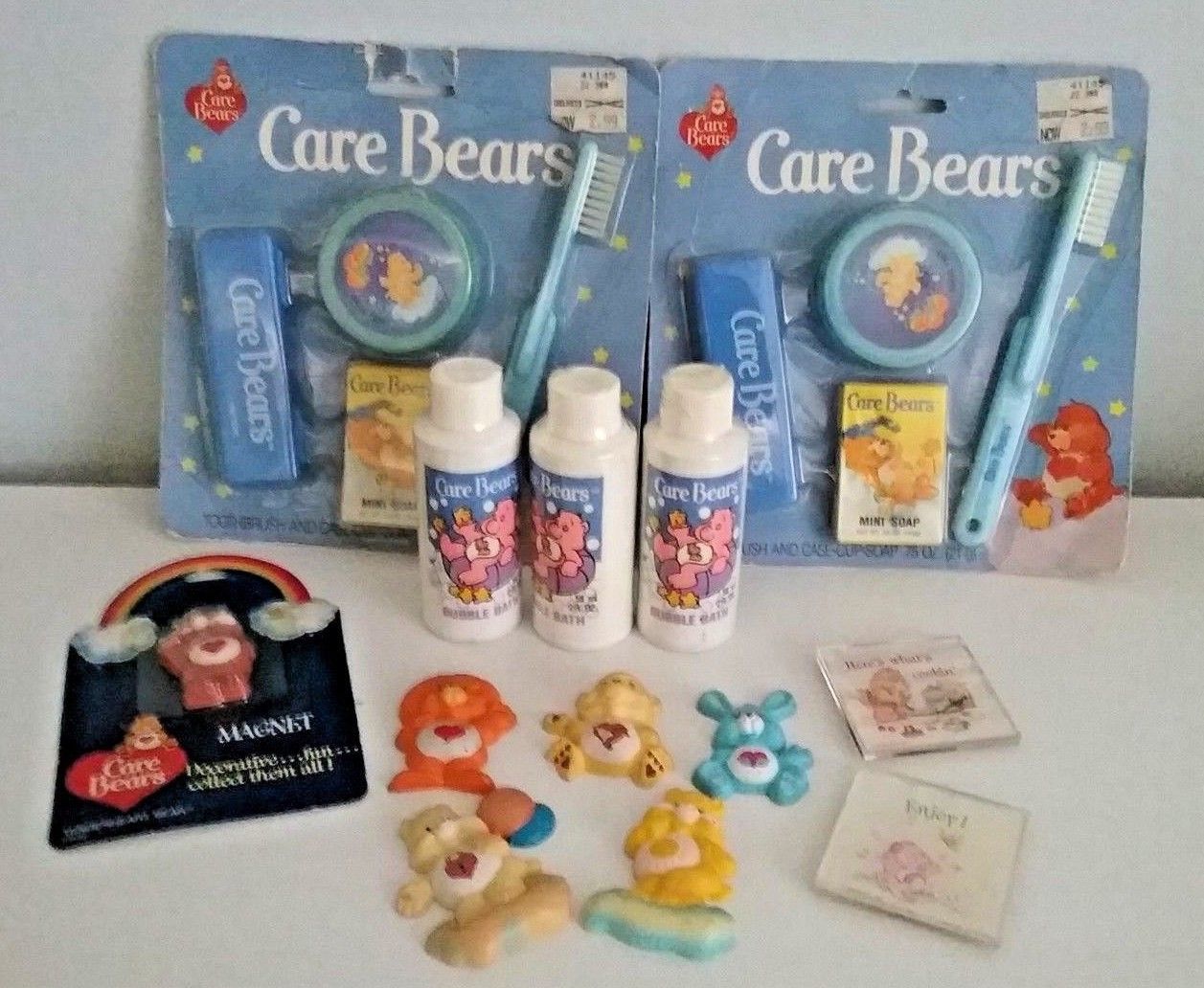 Vintage LOT 13 CARE BEAR collectable item Toothbrush Soap Bubble bath Magnets