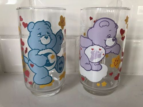 Care Bears Bedtime And Share Bear, 8 Oz Drinking Glasses 1986 
