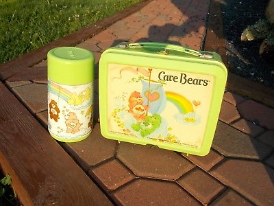 Care Bears Bear Plastic GREEN Vintage Lunch Box w/Thermos 1980's