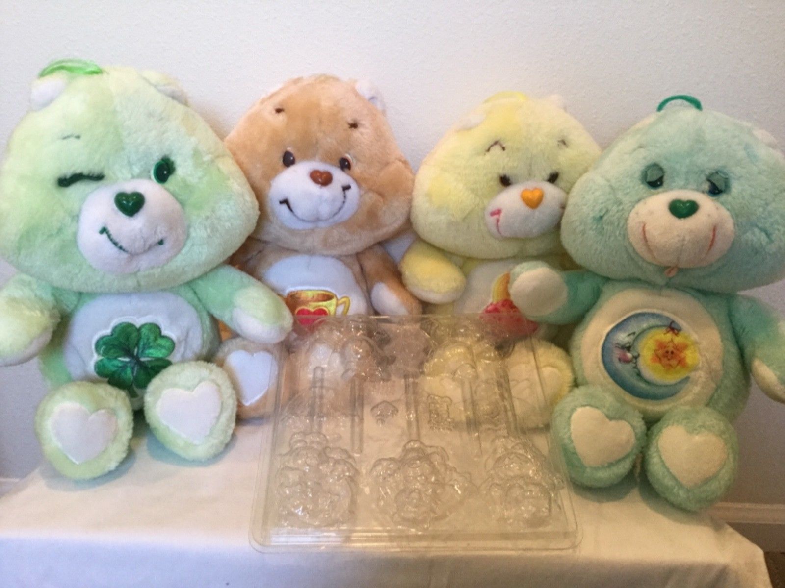 4 vintage 14” Care Bears. B.day, bedtime, good luck, champ bear + 2 candy molds 