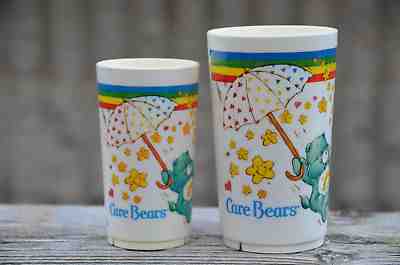 Vintage 1983 LOT 2 Different Size CARE BEARS Plastic Cup Cheer Funshine Wish