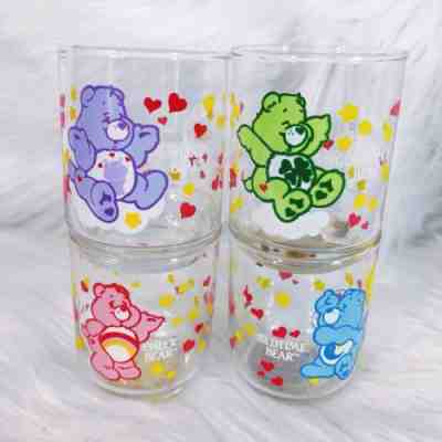 4 Vintage Care Bears Juice Glasses 3” Lucky Cheer Bedtime Share Rare