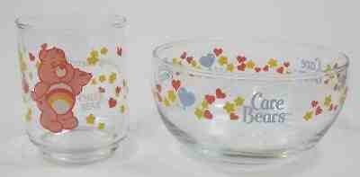Vintage 1986 Glass Cheer Bear CARE BEARS Bowl and Juice Glass Set