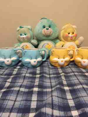  Vintage 1983 Care Bear, Sleepy Bedtime and Funshine Bears with matching mugs