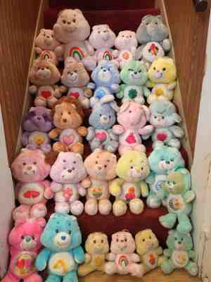 Vintage 80s Care Bear Cartoon Plush Lot of 27 Cousins and Bears of All Sizes 