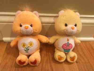 Lot Of 2 Care Bears Birthday Bear (Yellow) 2002 & Friend Bear (Peach)2003 - EUC