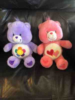 Two Pre-Owned 13” Plush Care Bears (2002 & 2003) Purple Harmony Pink Love Alot
