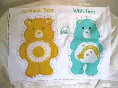 Vtg Care Bears Funshine Bear & Wish Bear Cut & Sew Fabric Panel Pillow Uncut  #H