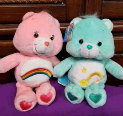 Care Bears Cheer Pink Plush and Wish Green Plush 11 inch 2002 with tags