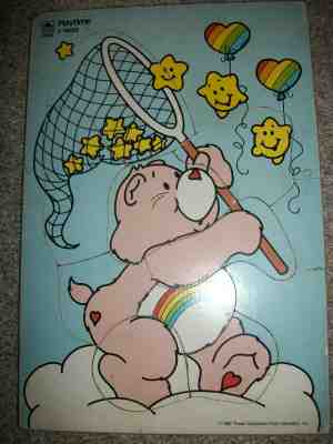 Vintage 1987 Care Bears Playtime Rainbow & Star Net Pink Wooden Tray Puzzle AsIs