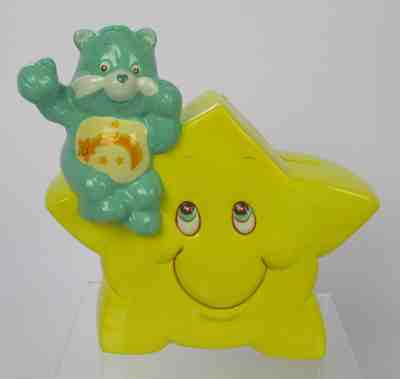 Vintage 1984 Care Bears Wish Bear Sitting on Yellow Star Ceramic Bank 5.5