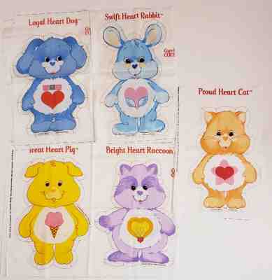 5 Vtg Care Bear Cousins Cut & Sew Pillow Panels Cat Rabbit Dog Pig Raccoon 1985