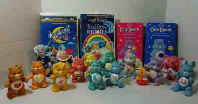 Lot Care Bears Poseable PVC 14 Figures Plus 4 VHS Tapes Vintage Kenner 1980's