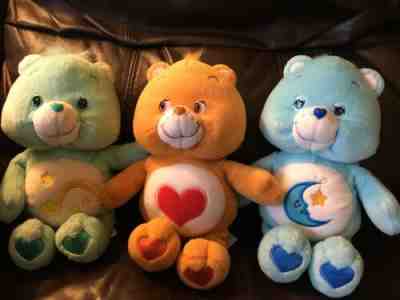 2002 Care Bears Lot Of 3 Tender heart, Bedtime Bear and Wish Bear 10inch Used