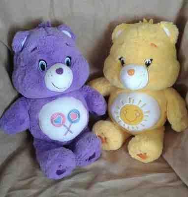 Lot of 2 - 2014 Care Bears Plush - Purple Share Bear, Yellow Funshine Bear - 13