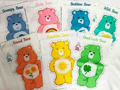 Care Bears Lot of 7 Vintage Fabric Panels Ready to Cut Sew and Stuff
