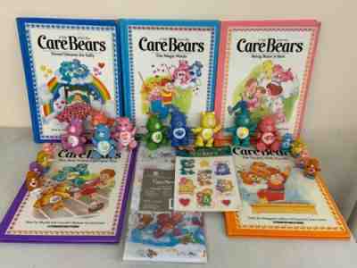 Vintage 80s Care Bear 24 Pc Lot - 2” & 3” Figures, 5 Books, Stickers Table Cloth