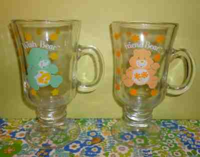 2 VINTAGE CARE BEAR GLASS COFFE MUGS WITH HANDLE WISH BEAR & FRIEND BEAR