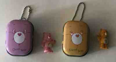 New Care Bears Set Of 2 Mini Figures In Matching Tins Keychains Cheer & Friend
