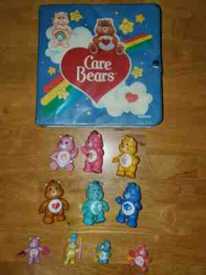 10 Vintage 1980s Care Bears PVC Mini Figures in Storybook Play Case storage LOT