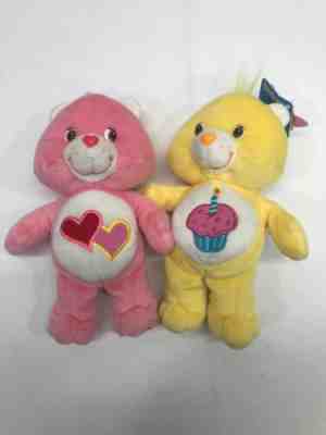 Lot Of 2 Care Bears 8 Inch: Pink Love A Lot Bear 2002 Birthday Bear Yellow 2003