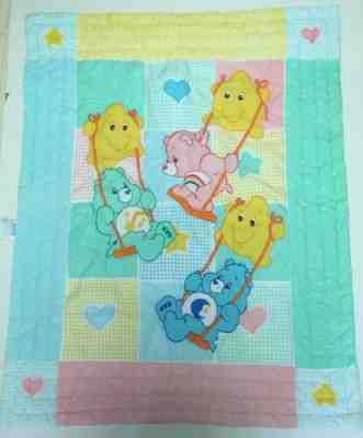 Care Bears Quilt Baby Blanket Crib Pastels Swings Stars 33x41 Blue Green Yellow