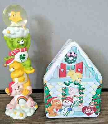 2003 Christmas with the Care Bears Snow Globe Totem Pole and Tin Ornament Box