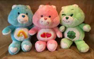 Vintage Lot of 3 Care Bears Plush Stuffed Toy Kenner 1980s Clover Hearts Rainbow