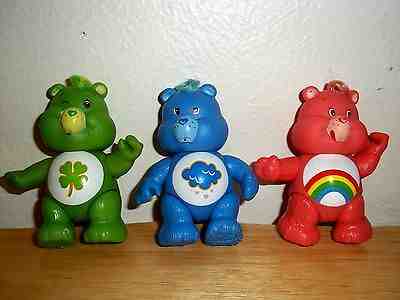 (3) Vintage Care Bears Plastic Figurines 2 1/2 Inches Tall, Rainbow Clover Cloud