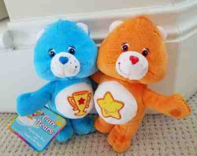 Care Bear Bears 2 Attached Plush Champ and Laugh A Lot Blue Yellow 8” 2003 NWT 