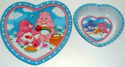 CARE BEARS HEART SHAPED PLATE AND BOWL DINNERWARE KID CHILD SET PLASTIC MELAMINE