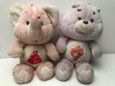 2 Vtg Care Bears - Cousin Lotsa Heart Pink Elephant & Share Bear Lavender 1980’s