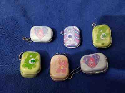 New Lot of 6 Vintage Care Bear Mini Tins with Keychains Trinket Holders 
