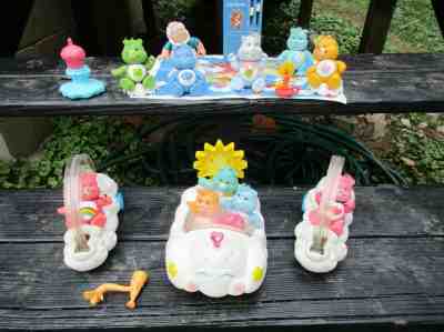 Huge Vintage 1980'S  POSEABLE CARE BEARS  PVC FIGURES Cloud Car Cycle Toy Lot