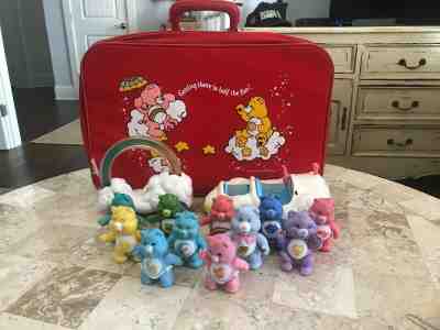 Lot of 11 Vintage 1980's Kenner Care Bear Figures + 2 Vehicles and Suitcase